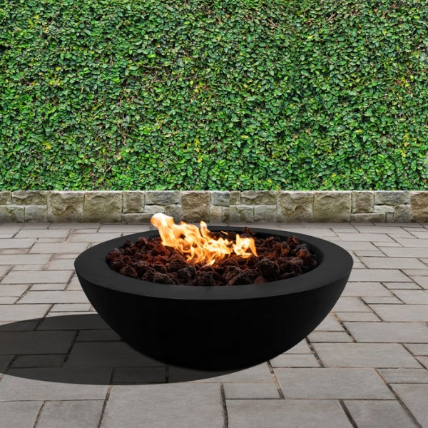 Stonelum Venicia 02 Concrete Fire Bowl back with fire on green background