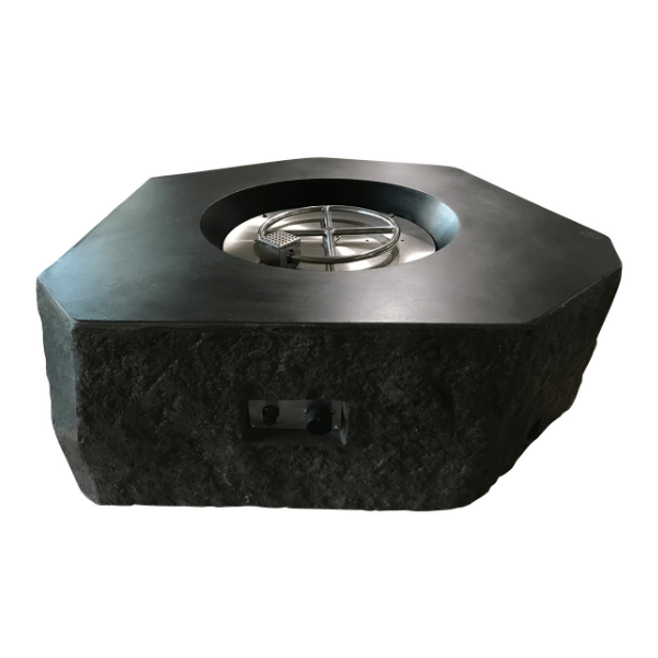 Elementi Columbia Hexagon Concrete Fire Pit Table OFG105 Top and Side View with Stainless Steel Burner and Ignition Button and Flame Control Knob