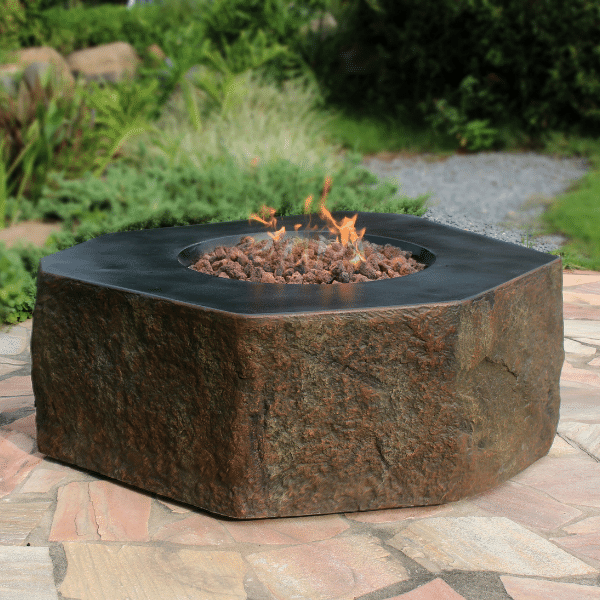 Elementi Columbia Hexagon Concrete Fire Pit Table OFG105 With Flame on Outdoor Set Up