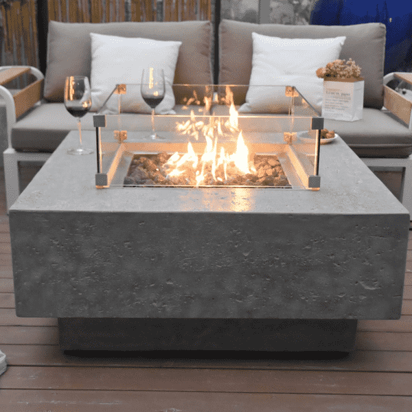 Elementi Manhattan Square Concrete Fire Pit Table OFG103 Actual Photo with Windscreen and Wine on the Sides