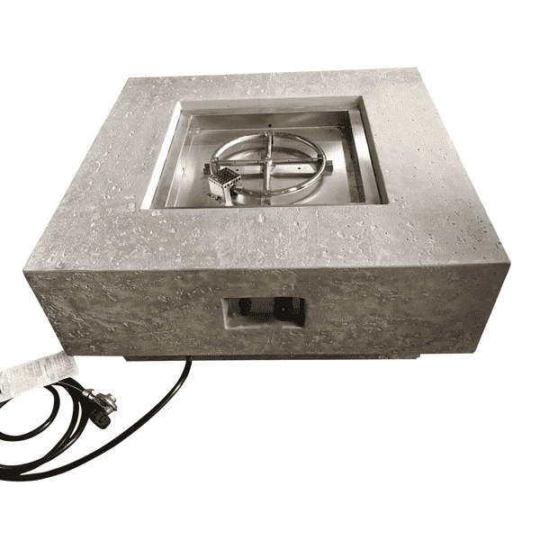 Elementi Manhattan Square Concrete Fire Pit Table OFG103 Top View with Stainless Steel Burner and Propane Connection on a White Background