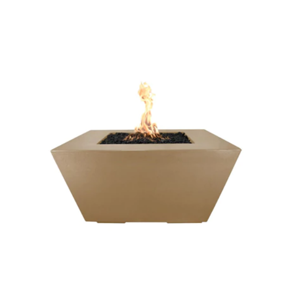 The Outdoor Plus Redan Firepit With Propane Tank Storage In Brown With Flame On A White Background