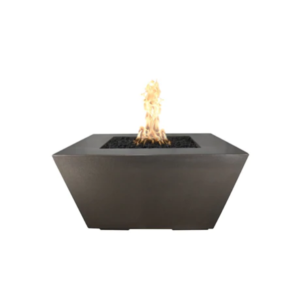 The Outdoor Plus Redan Firepit With Propane Tank Storage In Chestnut With Flame On A White Background