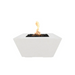 The Outdoor Plus Redan Firepit With Propane Tank Storage In Limestone With Flame On A White Background