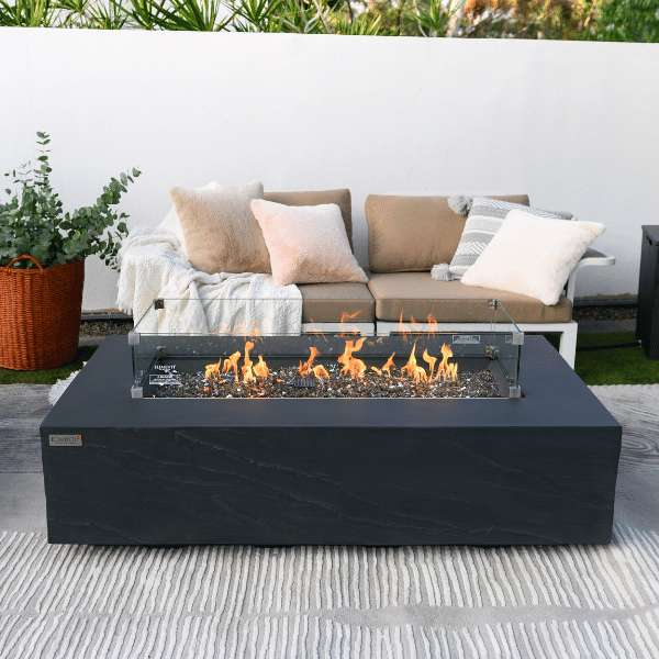 Elementi Plus Cape Town Fire Pit OFG410SL With Flames and Windscreen In Backyard Set-Up