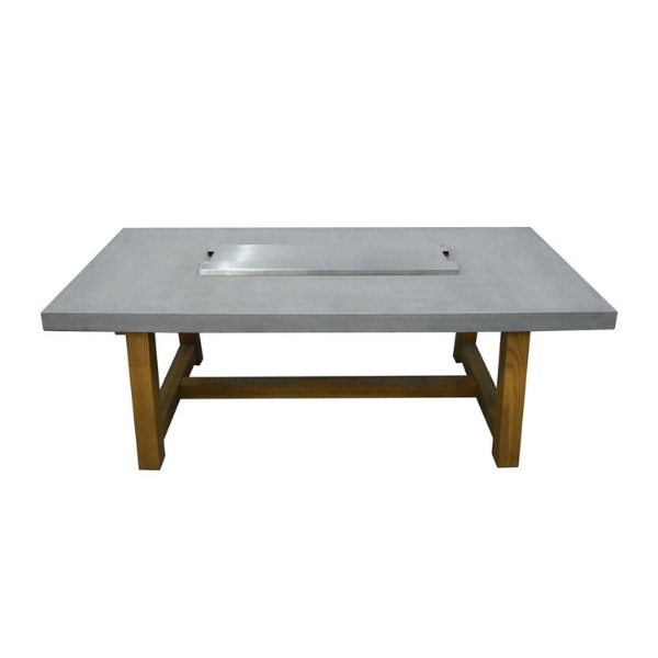     Elementi Workshop Dining Rectangular Concrete Fire Pit Table Front View With Stainless Steel Lid On A White Background