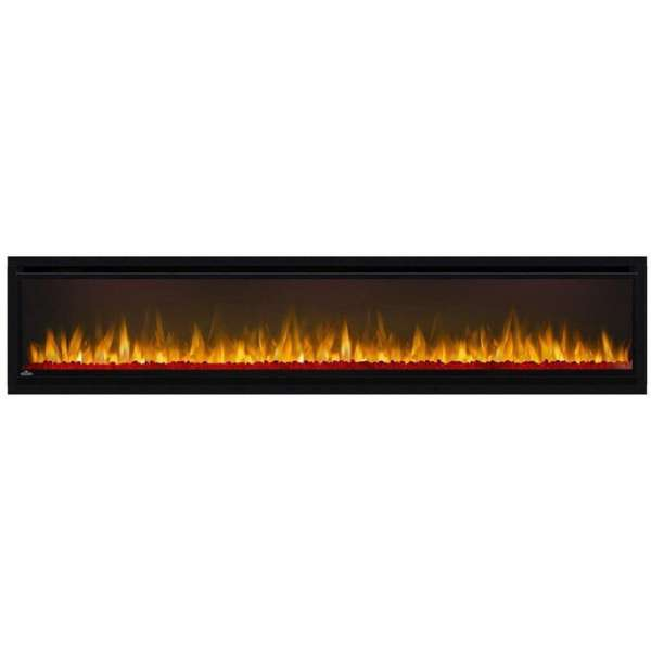 Napoleon Alluravision 74 Inch Wall Mount Electric Fireplace With Flame On And A Red Fire Glass Design On A White Background