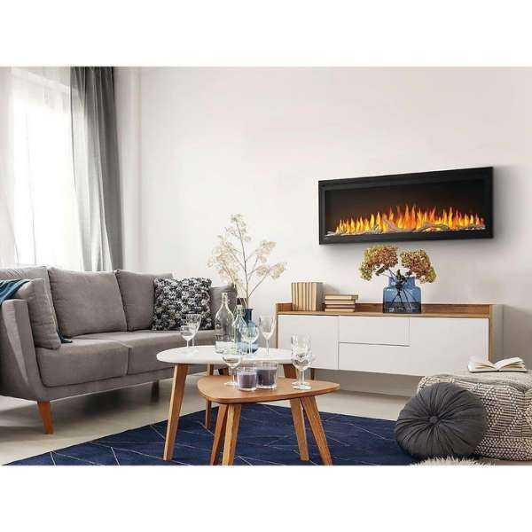 Napoleon Entice 50 Inch Linear Wall Mount Electric Fireplace Installed In The Living Room With An Orange Flame And A Logs