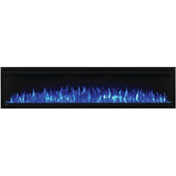     Napoleon Entice 50 Inch Linear Wall Mount Electric Fireplace With A Blue Flame On A White Background