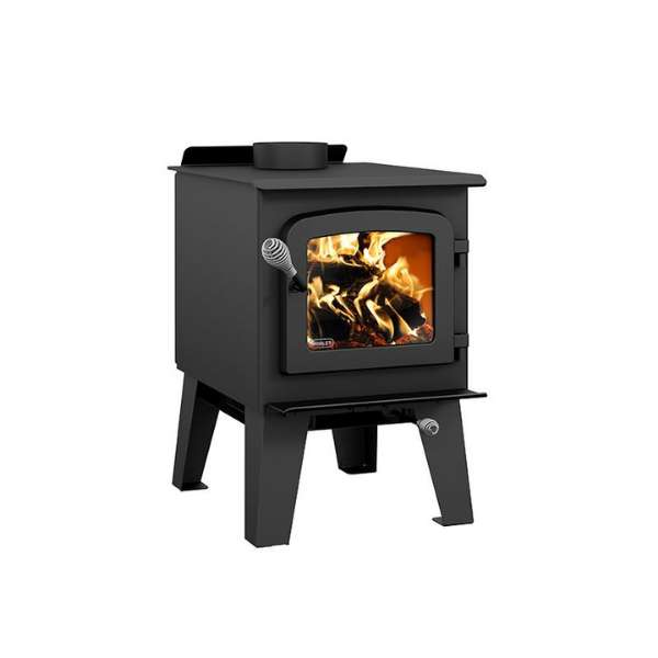 Right Side View Of Drolet Spark II Wood Stove With Flame On A White Background