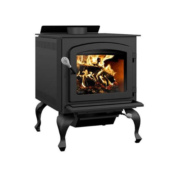 Right Side View Of Legend III Wood Stove With Blower And Flame On A White Background