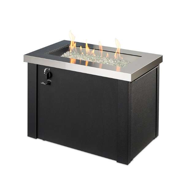     Stainless Steel Providence Rectangular Gas Fire Pit Table With Flame On A White Background