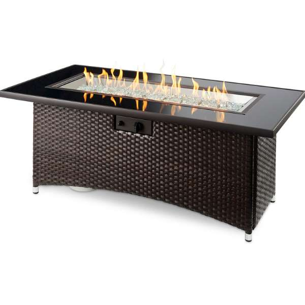 The Outdoor Greatroom Balsam Montego Linear Gas Fire Pit Table With Flame On A White Background