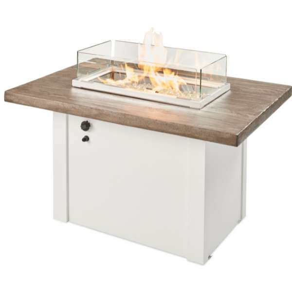 The Outdoor Greatroom Havenwood Rectangular Gas Fire Pit Table In White With Flame And Windscreen On A White Background