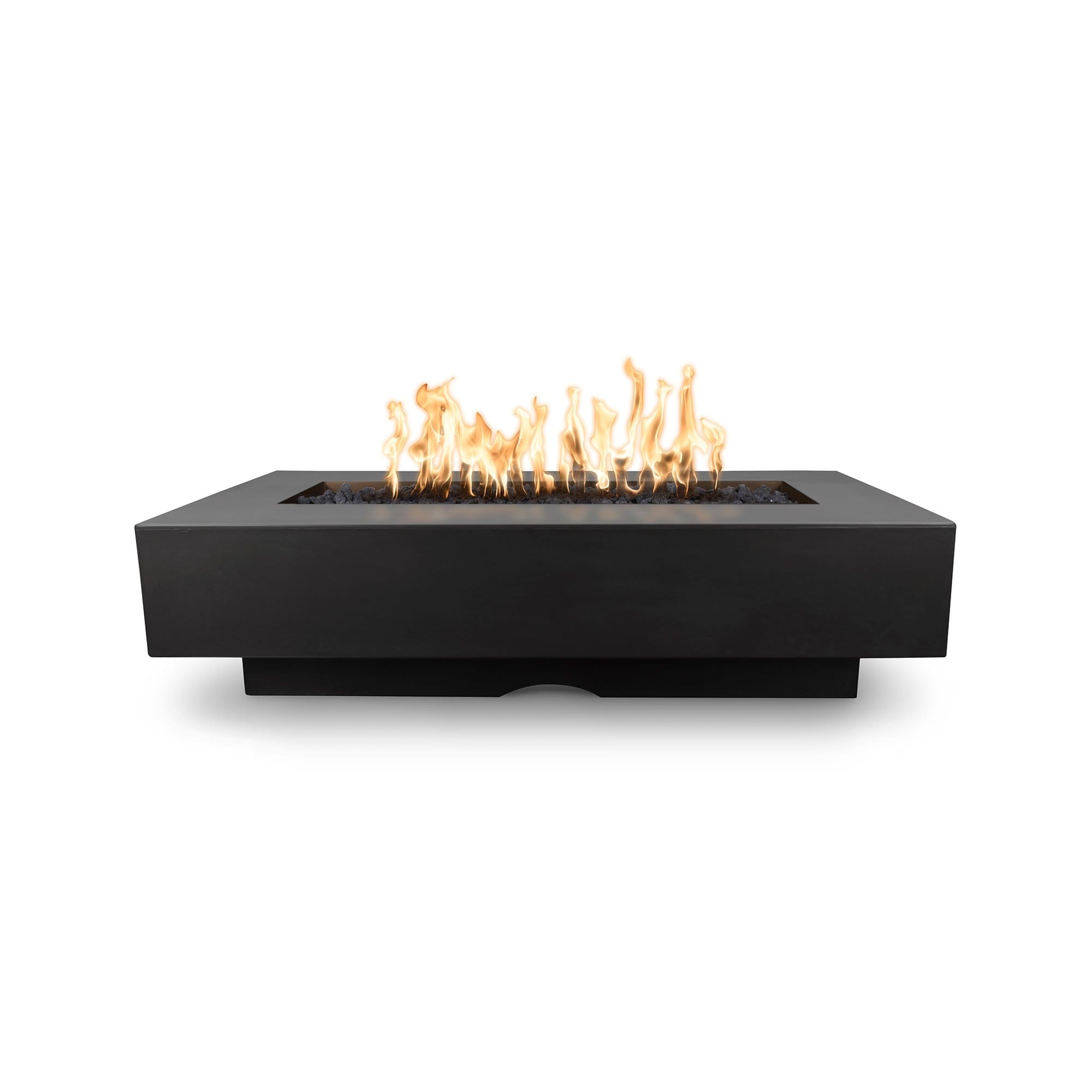 The Outdoor Plus Del Mar Concrete Fire Pit in color Black with flame on a white background