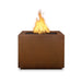 The Outdoor Plus Forma Fire Pit in corten steel with flame on a white background 