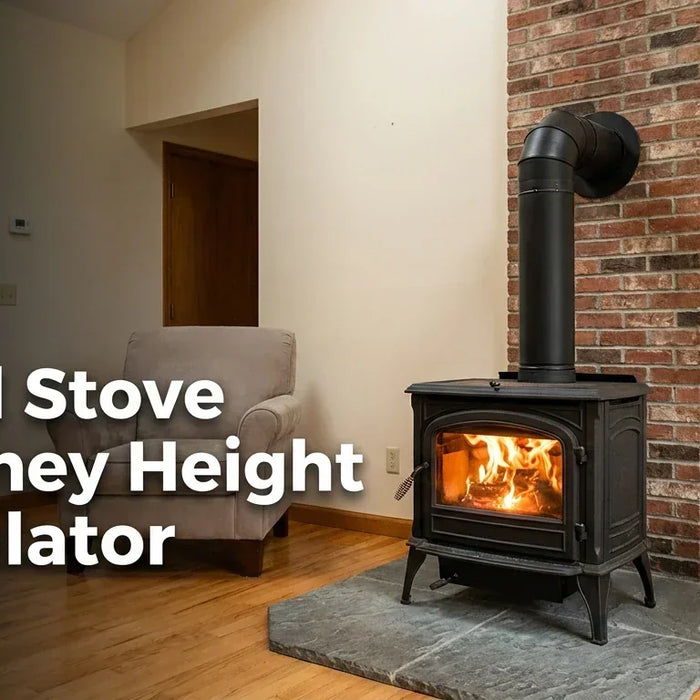 A black cast iron wood stove installed in a living room with single-wall stovepipe connector visible