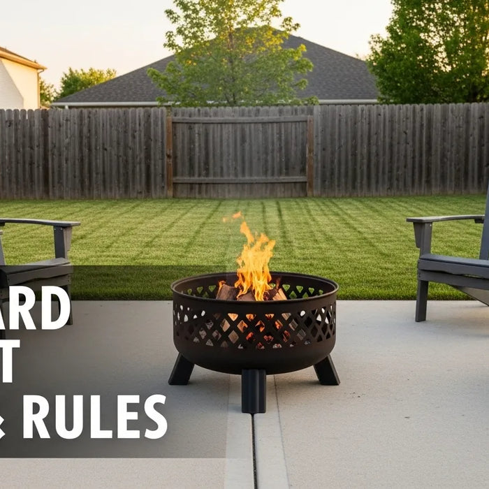 Round steel wood-burning fire pit on a concrete residential backyard patio at golden hour, two Adirondack chairs on either side, wooden privacy fence in the background showing clear setback distance, backyard fire pit laws and rules guide