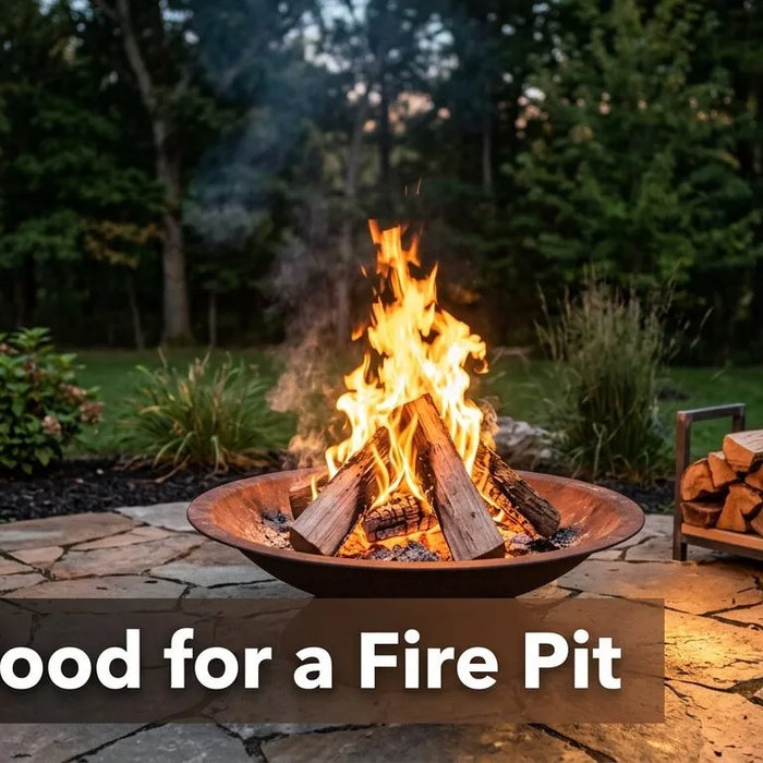 Wide-angle residential backyard scene at dusk with a fire pit burning hardwood logs on a stone patio surrounded by seating