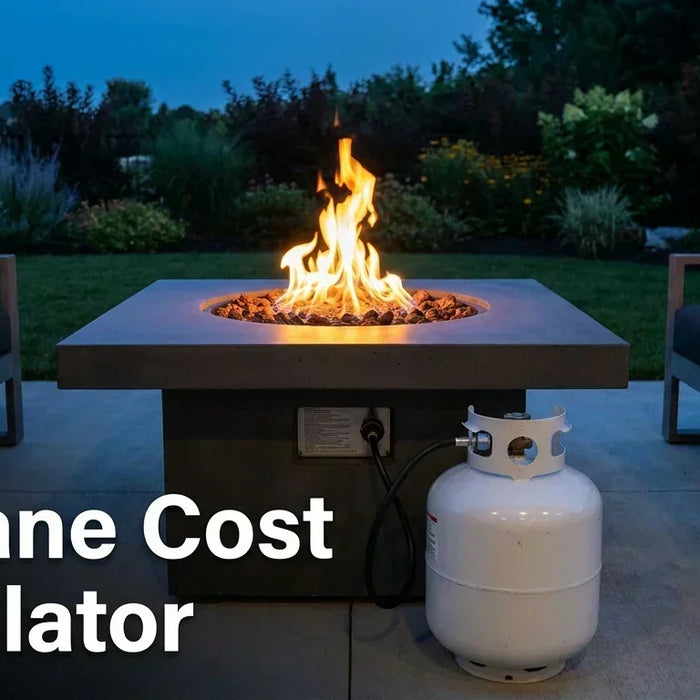 A modern rectangular charcoal concrete propane fire pit on a residential patio
