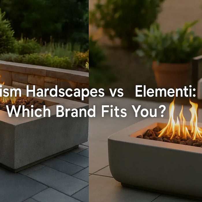 Side-by-side view of an Elementi fire pit and a Prism Hardscapes fire pit with text comparing both brands.
