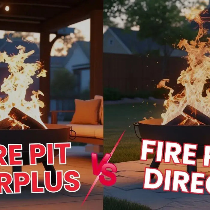 Side-by-side comparison image of fire pits from Fire Pit Surplus and Fire Pit Direct, each lit on patios at dusk.