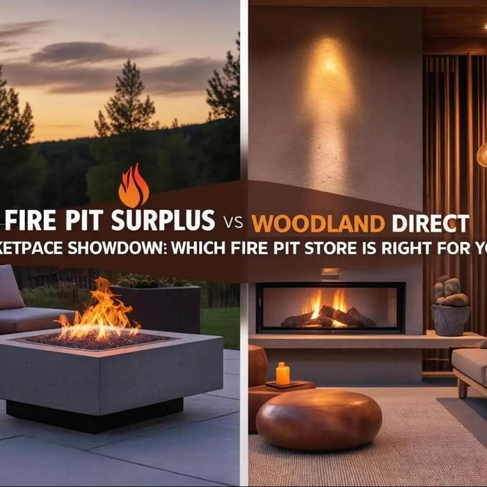 Side-by-side comparison of Fire Pit Surplus and Woodland Direct showing modern fire pit setups.