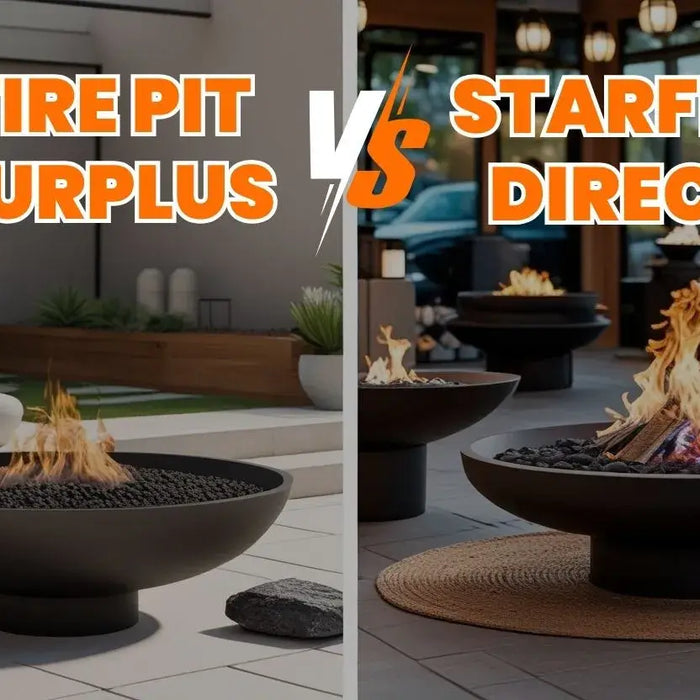 Side-by-side fire pit product shots with bold text comparing Fire Pit Surplus and Starfire Direct.