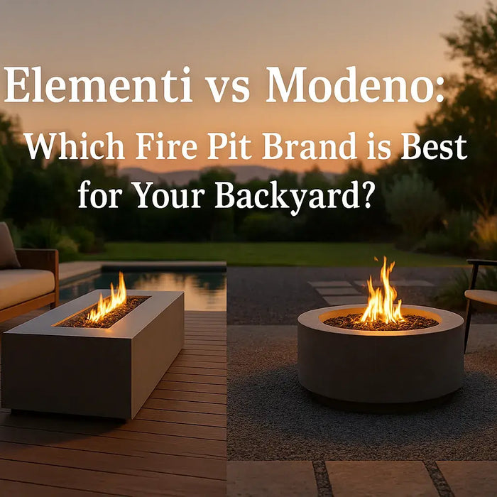 Visual comparison of Elementi and Modeno fire pits side by side, showcasing design and flame differences.