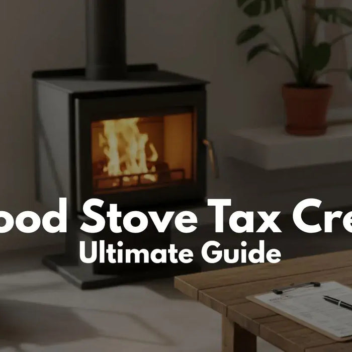 Cozy living room with wood stove and tax credit paperwork titled Wood Stove Tax Credit Ultimate Guide.
