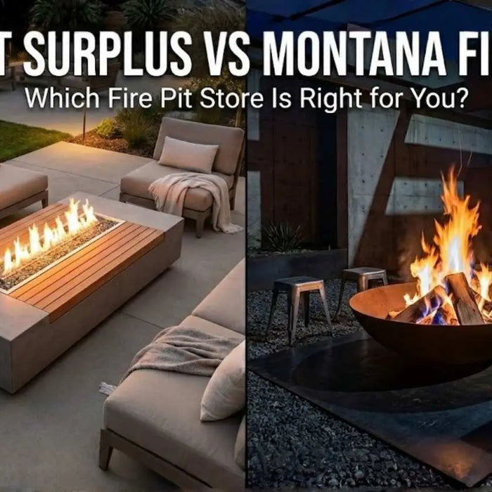 Fire Pit Surplus vs Montana Fire Pits comparison banner showcasing two different outdoor fire pit styles.