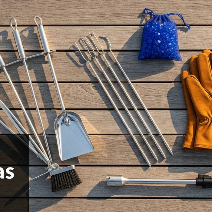Editorial flat-lay of premium fire pit accessories on a cedar outdoor table — five-piece steel tool set, extendable roasting sticks, leather heat-resistant gloves, cobalt fire glass bag, and long-reach torch lighter arranged in a gift guide composition