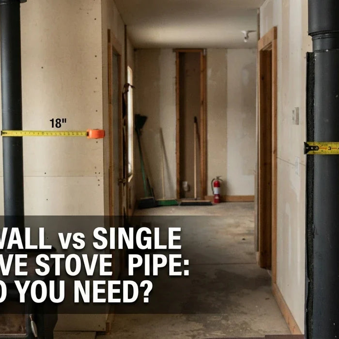 Side-by-side residential interior comparison — single-wall black stovepipe with 18-inch clearance tape on left, double-wall pipe with reduced clearance to wall on right