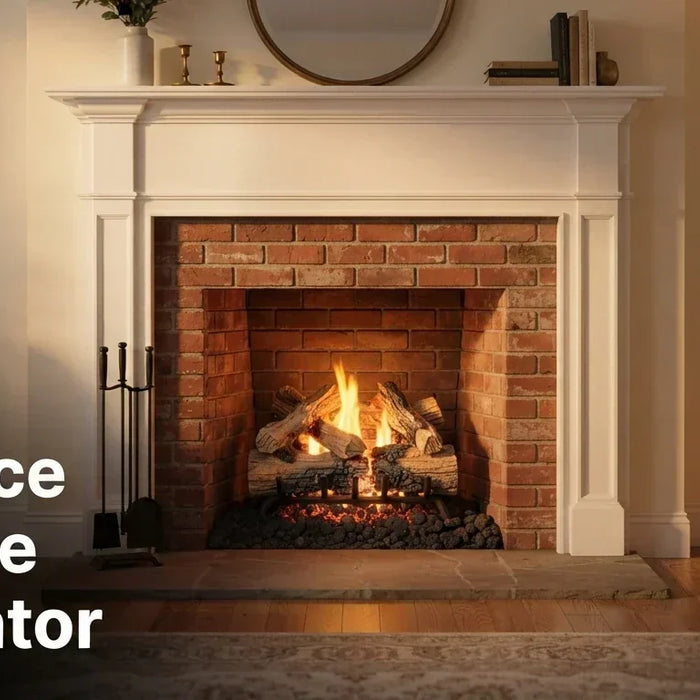 Fireplace log size calculator — white mantel fireplace with gas log set burning in a living room