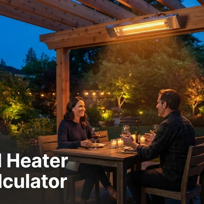 Infrared heater size calculator — electric infrared heaters mounted under a pergola over a dining area at dusk