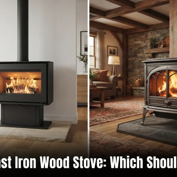 Split-panel editorial — modern matte black steel wood stove in a contemporary interior on the left, traditional cast iron wood stove in a warm living room on the right