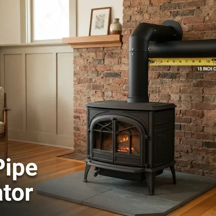 Stove pipe calculator — wood stove installation showing 18-inch clearance measurement to combustibles