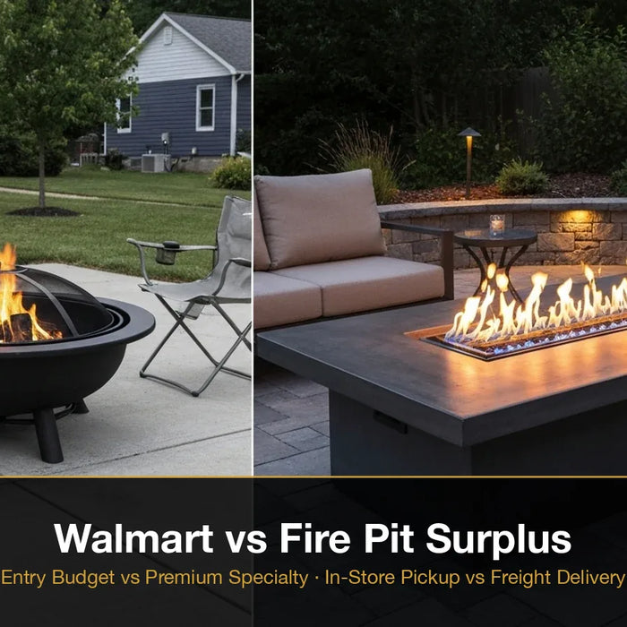 Entry-level steel fire bowl from Walmart compared to premium concrete fire table from specialty retailer