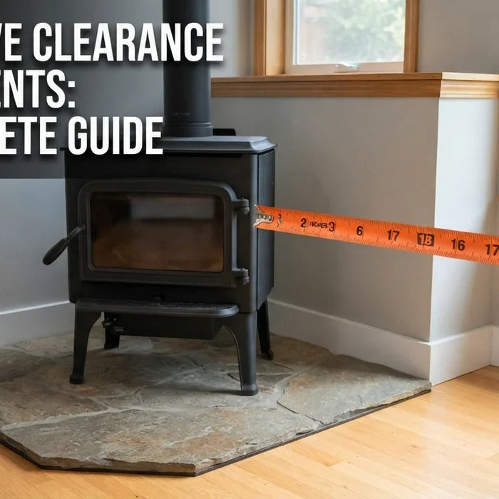 Bright orange measuring tape extended from the rear panel of a black wood stove to the combustible drywall wall directly behind it, clearance distance clearly visible