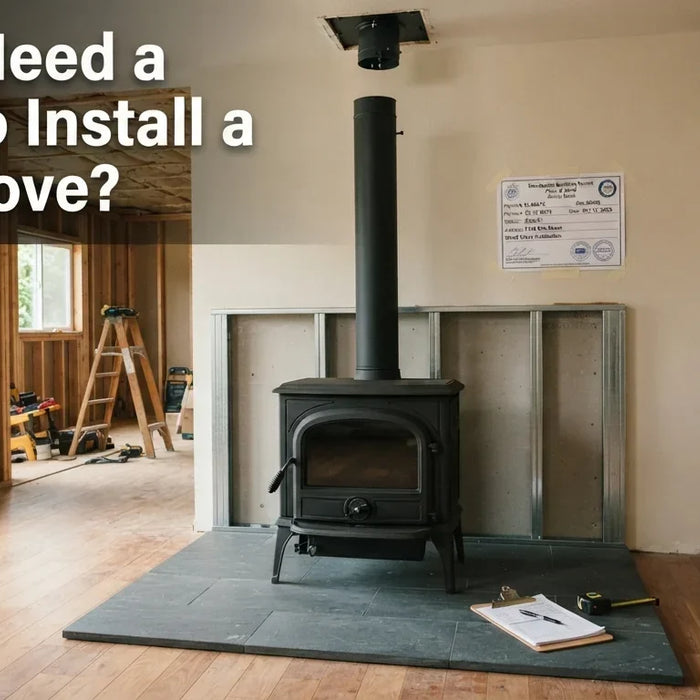 Residential living room with a matte black wood stove partially installed on a hearth pad — residential building permit document posted on the adjacent wall