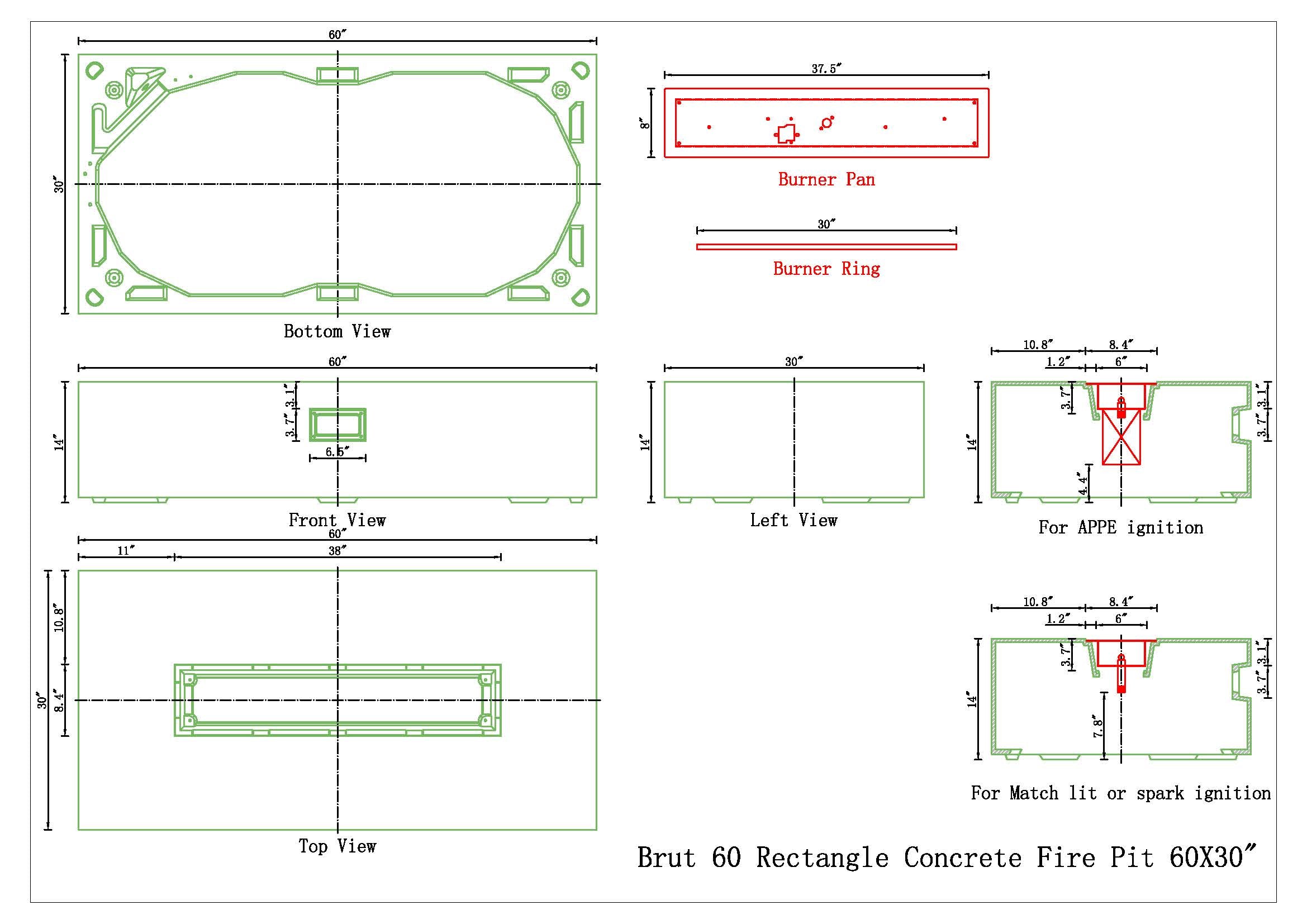 Brut 60 Rectangle Concrete Fire Pit Table 65K BTU Outdoor Patio