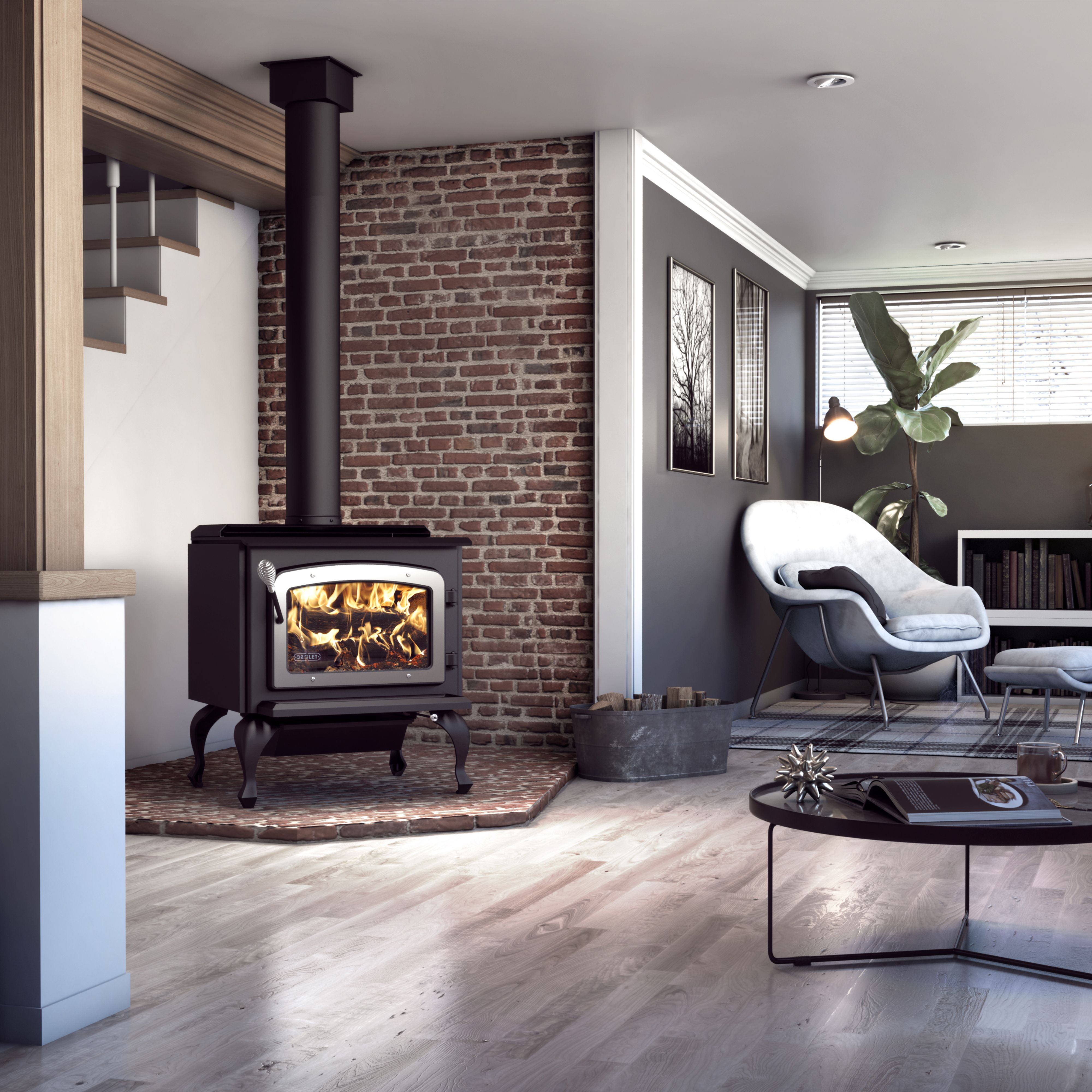 Drolet Escape 1800 Wood Stove on Legs - Brushed Nickel Door