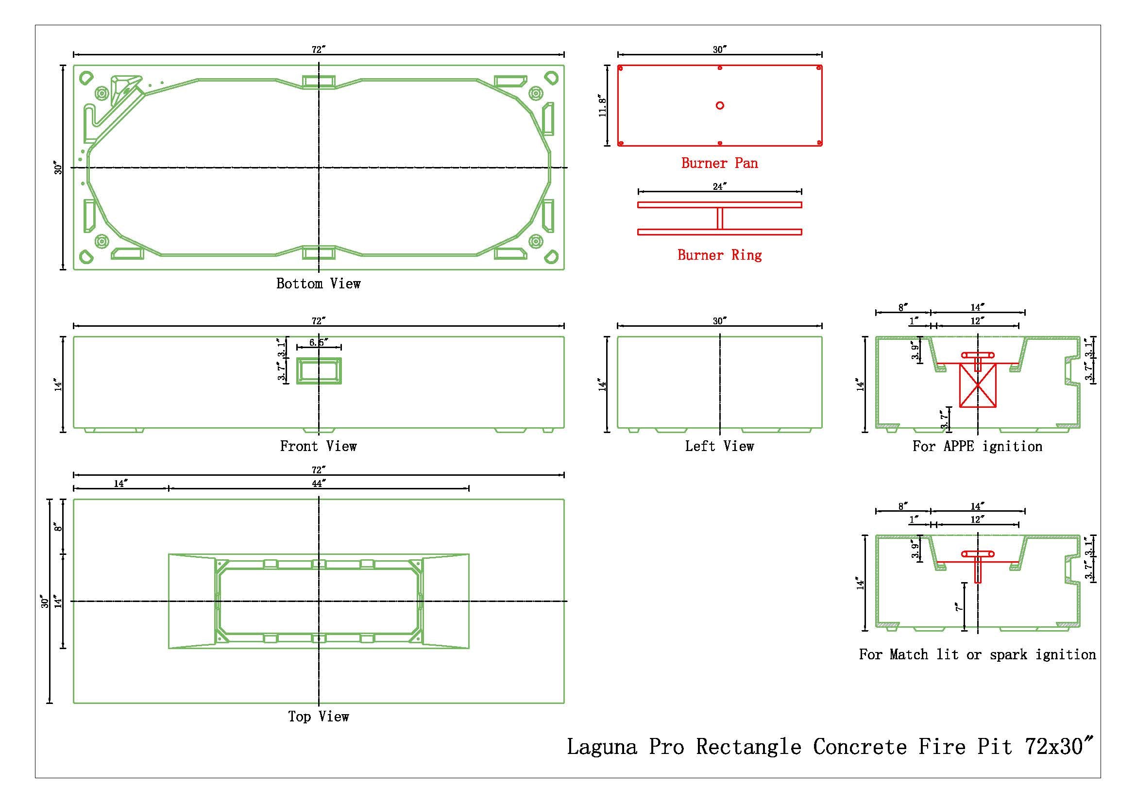 Laguna Pro 72x30 Inch Concrete Fire Pit Table - Modern Outdoor Heater