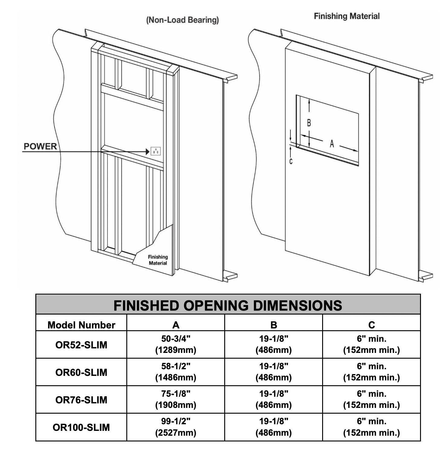 Modern Flames Orion Slim 52-inch Virtual Fireplace Built-In Wall Mounted Electric Heater