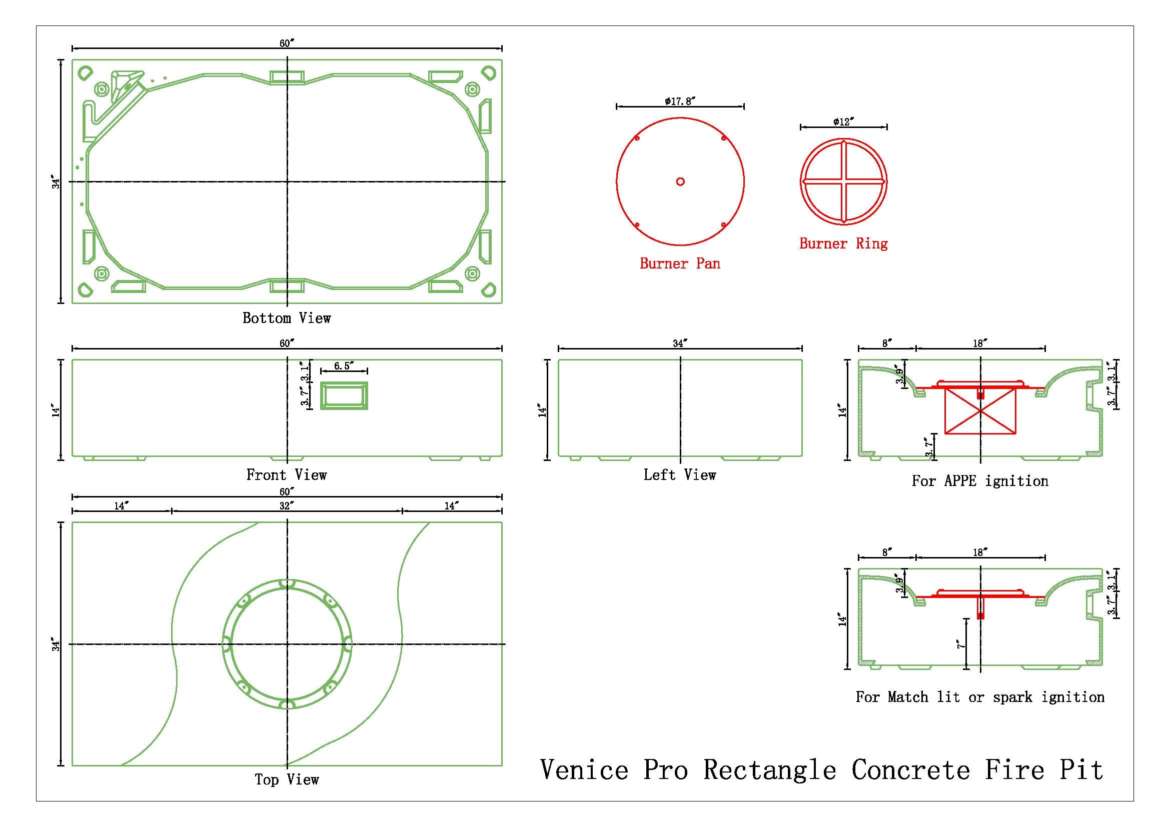 Venice Pro Rectangle Concrete Fire Pit Table, 100,000 BTU, Multiple Ignition Options