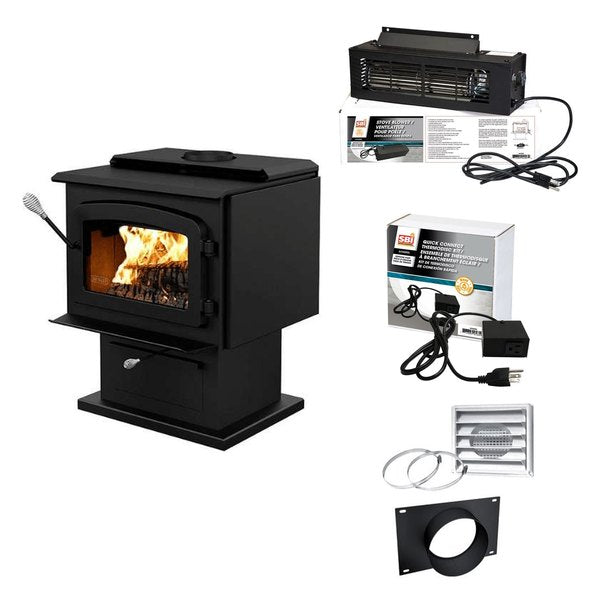 Drolet Escape 1800 On Pedestal Wood Stove Heat Kit DB03102K With Blower Thermodisc And Fresh Air Intake