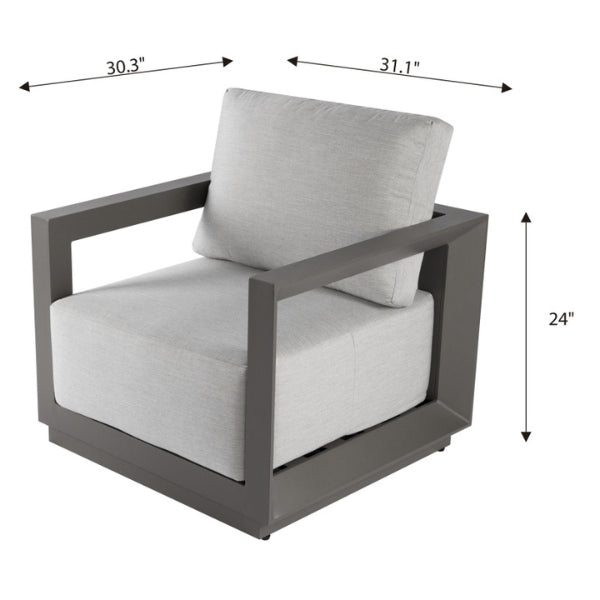 Chair with gray cushions and dimensions labeled on a white background