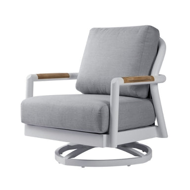 Gray armchair with wooden armrests on a white background