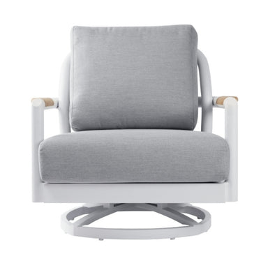 Gray cushioned chair with white frame on a white background