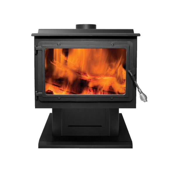 Englander 15-W06 Wood Stove with Blower stands against a clean white background, showcasing its elegant black design and glass door, adding both warmth and style to the scene in front of a charming house design